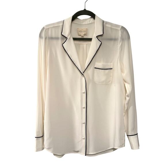 NEW! Sezane 4 Elisa Ivory Silk Blouse $190 Black Piping Pajama Top French 36 - Picture 2 of 11